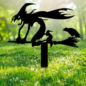 Witch On The Broom Metal Garden Stake Halloween Metal Yard Art Sign Spooky Witch Outdoor Decor Spooky Season Halloween Sign