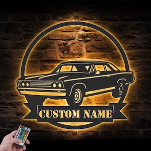 Custom Garage Metal Wall Art LED Light Personalized Classic Muscle Car Name Sign Home Decor Mechanic Repair Decoration Repairman Birthday
