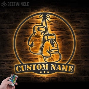 Custom US Boxing Gloves Metal Wall Art with LED Light Personalized Boxer Name Sign Home Decor Gym Room Decoration Man Cave Xmas Birthday