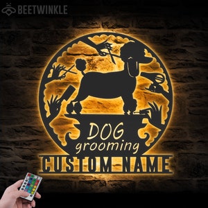 Custom Dog Grooming Hair Salon Metal Wall Art LED Light Personalized Groomer Name Sign Home Decor Pet Barber Shop Decoration Christmas Gift