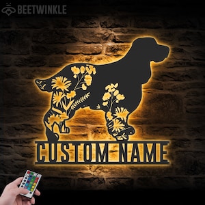 Custom FLoral English Cocker Spaniel Metal Wall Art LED Light Personalized Wild Flower Dog Lover Name Sign Home Decor Pet Animal Decoration