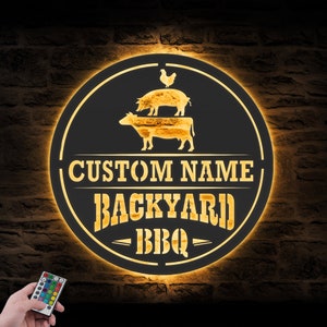 Custom Grill Metal Wall Art LED Light Personalized Backyard BBQ Name Sign Home Decor Barbecue Decoration Patio Housewarming Xmas Birthday