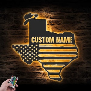 Custom Cowboy Texas Map US Flag Metal Wall Art LED Light Personalized Cowgirl Texas State Name Sign Home Decor Born in Texas Decoration