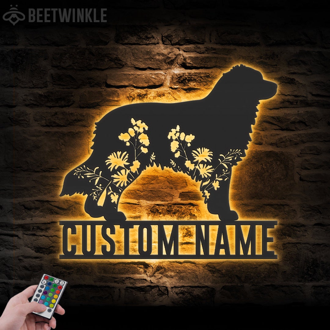 Custom Floral Australian Shepherd Metal Wall Art LED Light Personalize