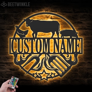 Custom Grill Metal Wall Art LED Light Personalized Backyard BBQ Name Sign Home Decor Barbecue Decoration Patio Housewarming Xmas Birthday