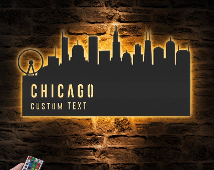 Custom Chicago Skyline Metal Wall Art LED Light Personalized Illinois Home Cityscape Name Sign Home Decor Born In Chicago  Decoration Gift