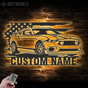 Custom Garage Metal Wall Art LED Light Personalized Classic Muscle Car Name Sign Home Decor Mechanic Repair Decoration Repairman Birthday