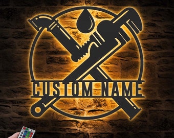 Custom Plumbing Metal Wall Art LED Light Personalized Plumber Name Sign Home Decor Repair Service Decoration Repairman Birthday Christmas