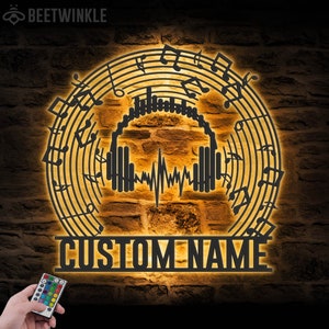 Custom Music Note Headphones Laser Metal Wall Art LED Light Personalized Musical Symbol Name Sign Home Decor Music Room Decoration Xmas Gift