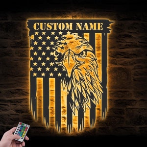 Custom American Eagle US Flag Metal Wall Art LED Light Personalized Bald Eagle Name Sign Home Decor Nursery Decoration Housewarming Birthday