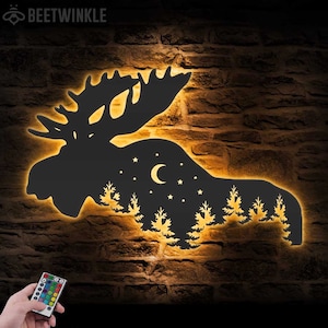 Arte de pared de metal alternativo con luz LED, letrero de alce en el bosque, decoración del hogar, cabaña de caza con astas, decoración de cazador, inauguración de la casa, Navidad, cumpleaños