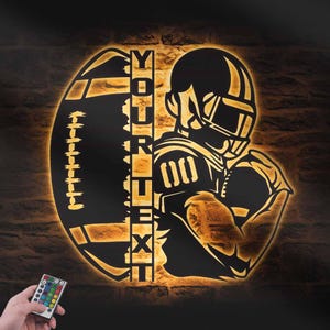 Custom American Football Metal Wall Art LED Light Personalized Player Name Sign Home Decor Man Cave Decoration Birthday Christmas Dad Gift