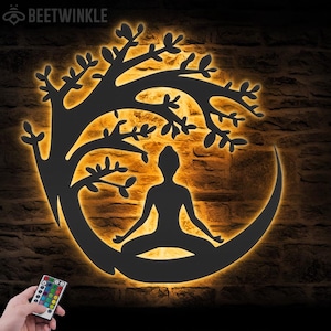 Yoga Buda Árvore Metal Arte de Parede Luz LED Placa Budista Decoração de Casa Budismo Decoração Caverna do Homem Inauguração de Casa Presentes de Natal e Aniversário