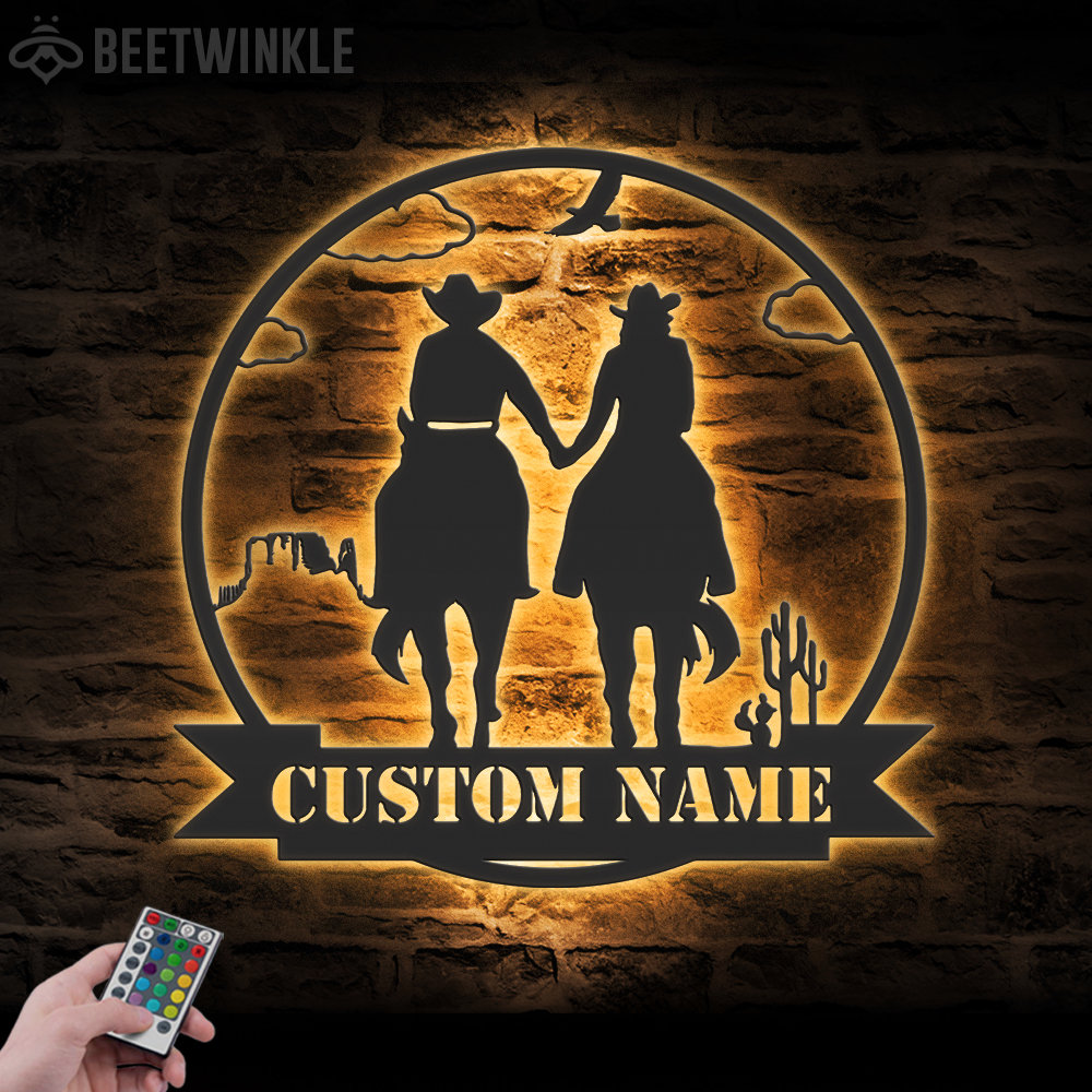 Benutzerdefinierte Cowboy Cowgirl Paar Metall Wand Kunst LED-Licht Personalisierte Familie Name Zeichen Wohnkultur Pferd Bauernhaus Scheune Kinderzimmer Dekoration Weihnachten