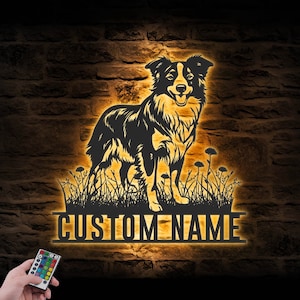 Custom Border Collie Metal Wall Art LED Light Personalized Dog Lover Name Sign Home Decor Pet Animal Kid Nursery Decoration Birthday Xmas