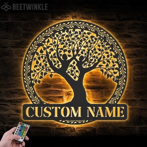 Custom Yoga Tree Of Life Metal Wall Art with LED Light Personalized Yoga Lover Name Sign Home Decor Yoga Room Decoration Hanging Door Xmas