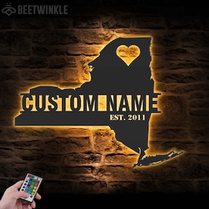 Carte personnalisée de New York, art mural en métal, lumière LED, nom personnalisé de l'état de New York, décoration d'intérieur, décoration de pendaison de crémaillère, Noël