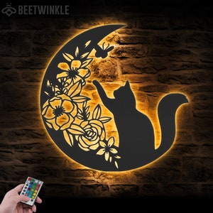Black Cat On The Moon Metal Wall Art with LED Light Floral Moon Cat Sign Home Decor Crescent Moon Decoration Hanging Door Birthday Xmas Gift