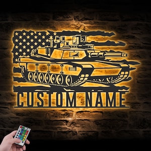 Custom US Soldier Military Tank Metal Wall Art LED Light Personalized American Army Tank Name Sign Home Decor Veteran Patriotic Decoration