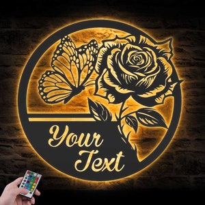 Custom Rose Metal Wall Art LED Light Personalized Valentine Flower Name Sign Home Decor June Birth Month Decoration Mother's Day Birthday