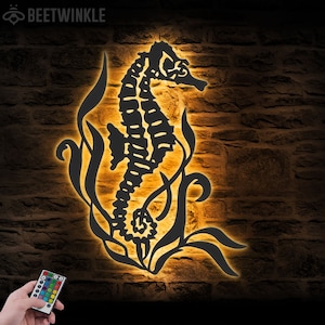 Seahorse Metal Wall Art LED Light Beach Sea Horse Ocean Sign Home Decor Boy Girl Nursery Decoration Housewarming Christmas Birthday Gift
