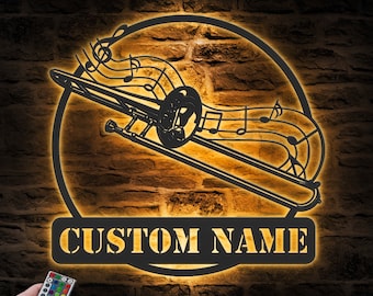 Custom Trombone Musical Instrument Metal Wall Art LED Light Personalized Player Name Sign Home Decor Jazz Music Classical Room Decoration