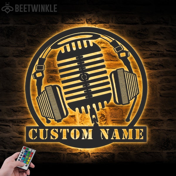 Custom Music Audio Studio Metal Wall Art LED Light Personalized Microphone Headphones Name Sign Home Decor Musical Musician Room Decoration