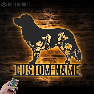 Arte de parede de metal personalizada com luz LED, flor selvagem, amante de cachorro, placa de nome, decoração para casa, animal de estimação