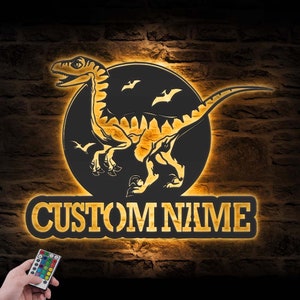 Custom Velociraptor Dinosaur Metal Wall Art LED Light Personalized Raptor Dino Name Sign Home Decor Kid Nursery Decoration Housewarming Gift