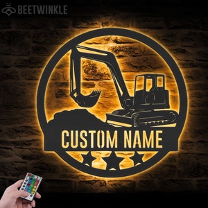 Custom Excavator Driver Metal Wall Art LED Light Personalized Excavator Name Sign Home Decor Construction Decoration Birthday Xmas Dad Gift