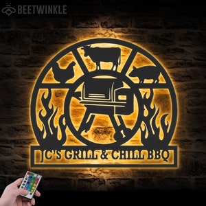 Custom Grill Metal Wall Art LED Light Personalized Backyard BBQ Name Sign Home Decor Barbecue Decoration Patio Housewarming Xmas Birthday