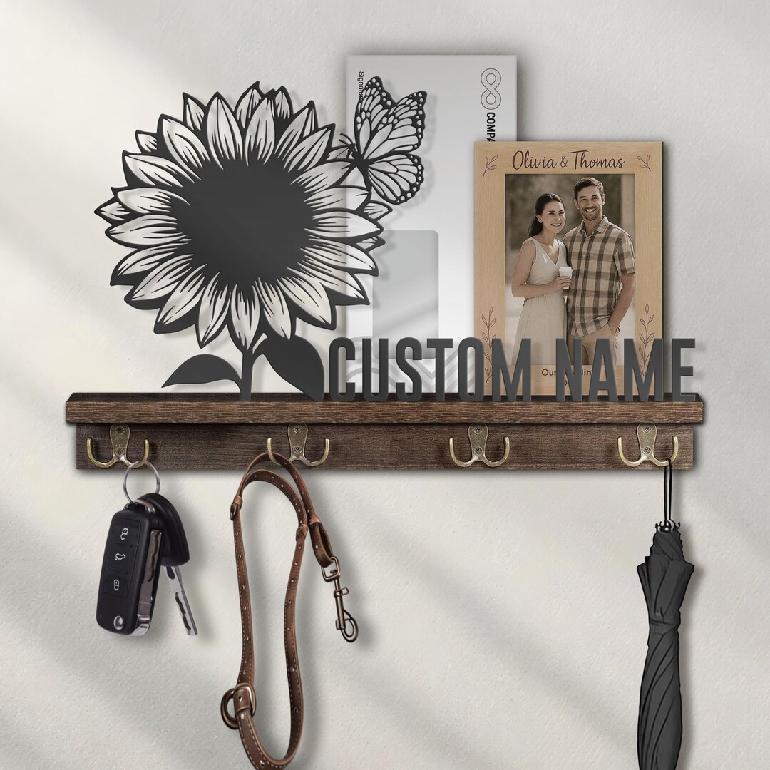 Custom Sunflower Metal Wooden Key Holder Shelf Personalized Flower Name ...