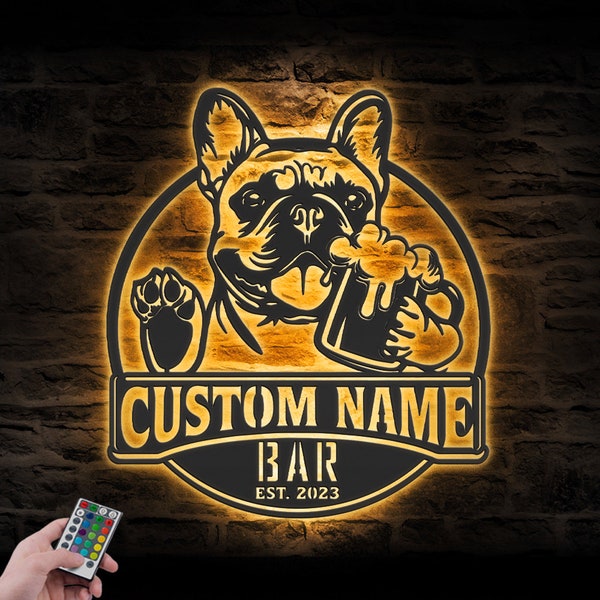 Custom French Bulldog Thirsty Beer Pub Metal Wall Art LED Light Personalized Frenchie Beer Bar Name Sign Home Decor Dog Beer Decoration