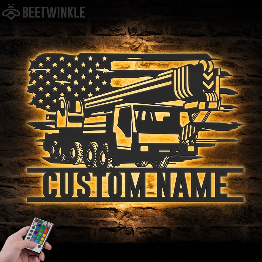 Custom US Mobile Crane Truck Driver Metal Wall Art LED Light