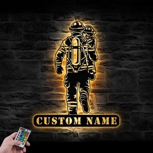 Custom Baby Son Father Firefighter Metal Wall Art LED Light Personalized Fireman Name Sign Home Decor Fire Department Nursery Decoration