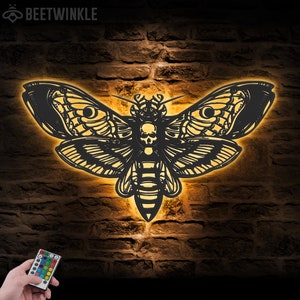 Butterfly Skull Metal Wall Art with LED Light Personalized Emo Goth Butterfly Sign Home Decor Skeleton Butterfly Moth Halloween Decoration