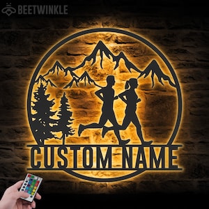 Custom Couple Trail Running Metal Wall Art LED Light Personalized Runner Family Name Sign Home Decor Marathon Decoration Birthday Xmas Gift