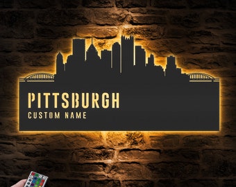 Custom Pittsburgh Skyline Metal Wall Art LED Light Personalized Pennsylvania Home Cityscape Name Sign Decor Born In Pittsburgh Decoration