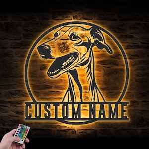 Custom Greyhound Metal Wall Art LED Light Personalized Dog Lover Name Sign Home Decor Pet Animal Nursery Decoration Birthday Housewarming