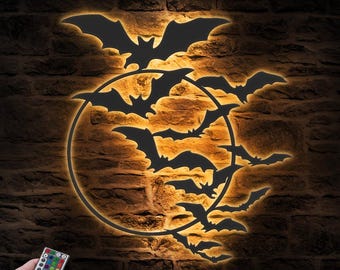 Bat On the Moon Metal Wall Art with LED Light Halloween Bat Sign Home Decor Black Horror Bird Dracula Decoration Man Cave Hanging Gift