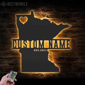 Benutzerdefinierte Minnesota Karte Metall Wandkunst LED-Leuchte Personalisierte Minnesota State Name Schild Wohnkultur Geboren in Minnesota Dekoration Housewarming