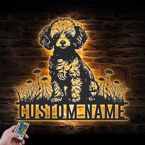Custom Toy Poodle Metal Wall Art LED Light Personalized Dog Lover Name Sign Home Decor Pet Animal Nursery Decoration Birthday Housewarming