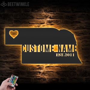 Custom Nebraska Map Metal Wall Art LED Light Personalized Nebraska State Name Sign Home Decor Born in Nebraska Decoration Xmas Housewarming
