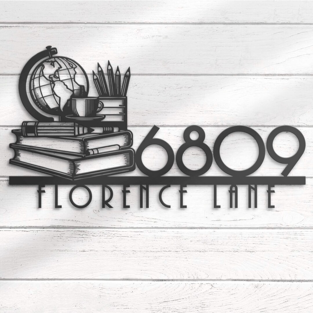 Library Number Sign Custom Library House Number Metal Address Sign Personalized Reading ...