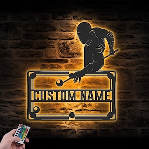 Custom Man Playing Billiards Metal Wall Art with LED Light Personalized Male Snooker Player Name Sign Home Decor Pool Ball Decoration