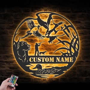 Custom Pheasant Duck Geese Labrador Dog Hunting Metal Wall Art LED Light Personalized Hunter Name Sign Home Decor Lake Cabin Decoration
