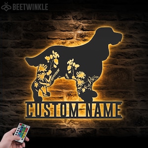 Custom FLoral English Springer Spaniel Metal Wall Art LED Light Personalize Wild Flower Dog Lover Name Sign Home Decor Pet Animal Decoration
