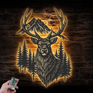 Deer In Mountain Forest Metal Wall Art LED Light Hunting Sign Home Decor Antler Cabin Decoration Hunter Birthday Housewarming Christmas Gift