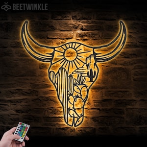 Cow Skull Desert Metal Wall Art LED Light Floral Boho Buffalo Longhorn Sign Home Decor Heifer Barn Nursery Decoration Housewarming Birthday