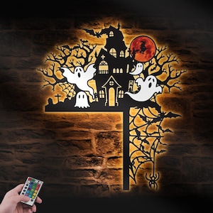Halloween Tür Ecke Metall Wand Kunst mit LED-Licht Gruseliger Geist Haunted Schloss Zeichen Wohnkultur Hexe Tür Topper Dekoration Hängende Tür